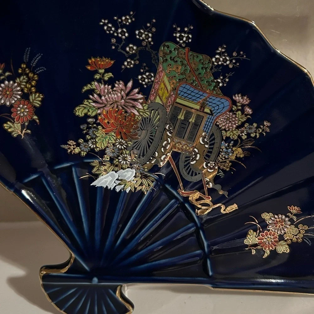Fan Shaped Kutani Sauce Plate Cobalt Blue & Gold Japanese Cart Art Small Dish
